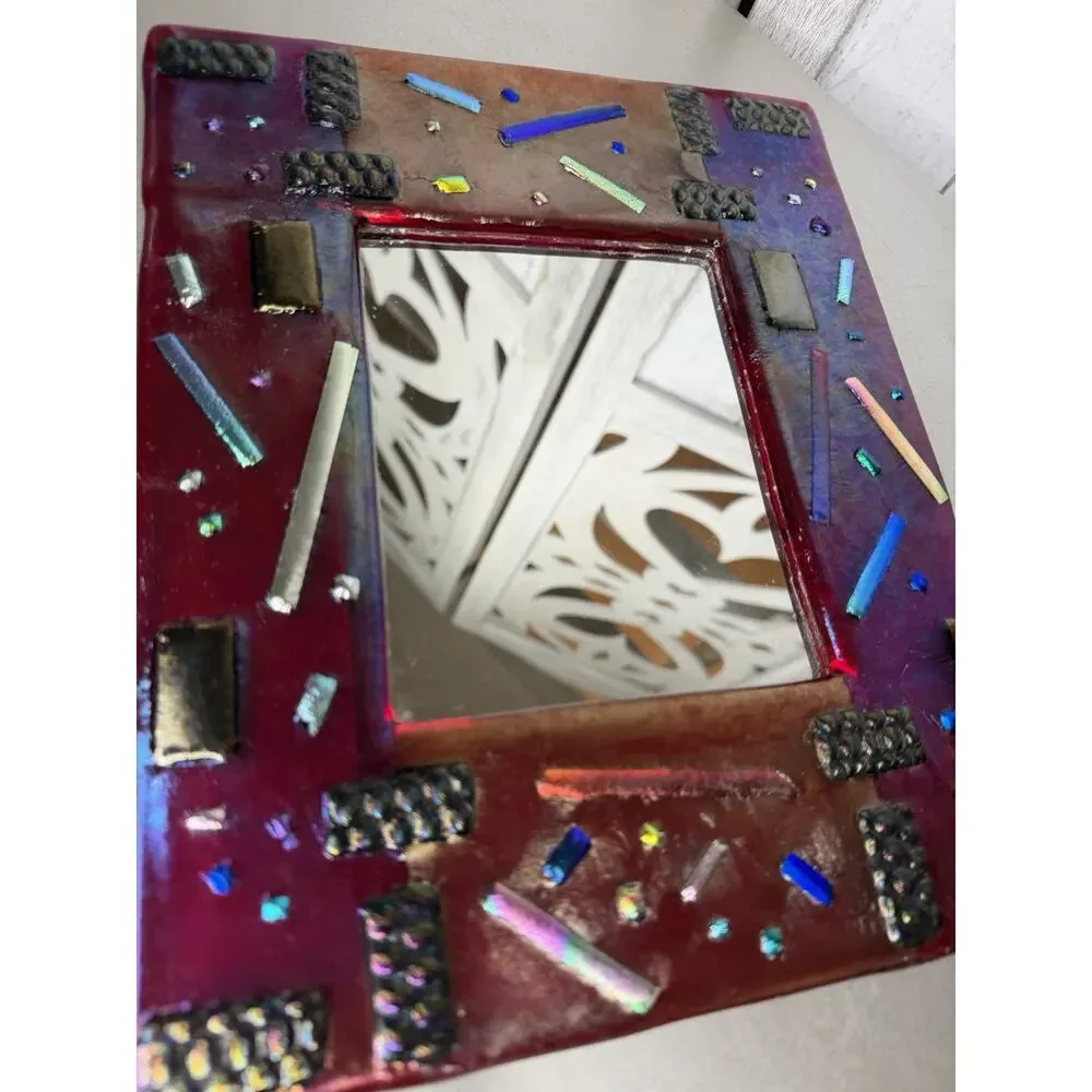 VTG Handmade Fused Mosaic Mirror Art Multi-Color Bright Red Metallic